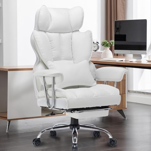 Efomao Desk Office Chair 400LBS, Big and Tall Office Chair, PU Leather Computer Chair, Executive Office Chair with Leg Rest and Lumbar Support, White Office Chair