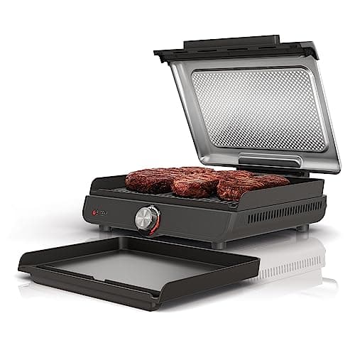 Ninja GR101 Sizzle Smokeless Indoor Grill & Griddle, 14'' Interchangeable Nonstick Plates, Dishwasher-Safe Removable Mesh Lid, 500F Max Heat, Even Edge-to-Edge Cooking, Grey/Silver